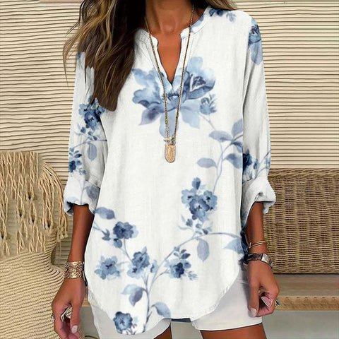 Loose 3D Printed V-Neck Shirt Long Sleeve T-Shirt m301360