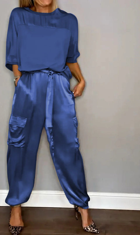 Women's smooth satin half-sleeved top and pants set two-piece set m301649