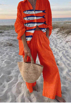Linglong hemp fish shading casual suit loose sports wide-leg pants marine element casual shirt m303169