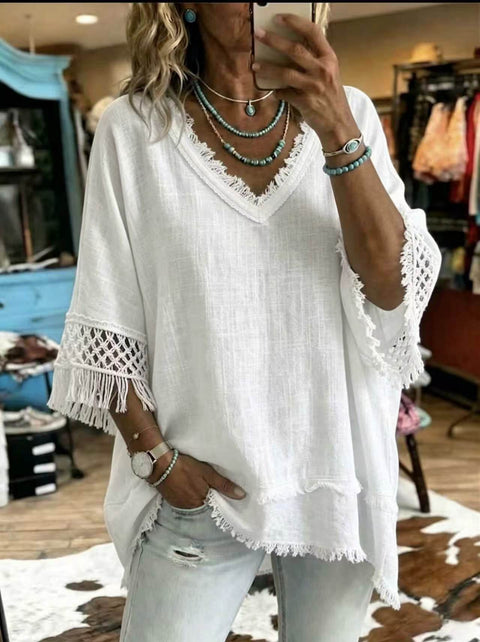 Loose V-neck fringed versatile top m303223
