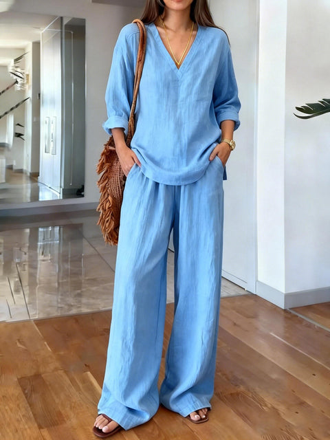 Casual V-neck pullover long sleeve plus trousers washed cotton multi-color m302407