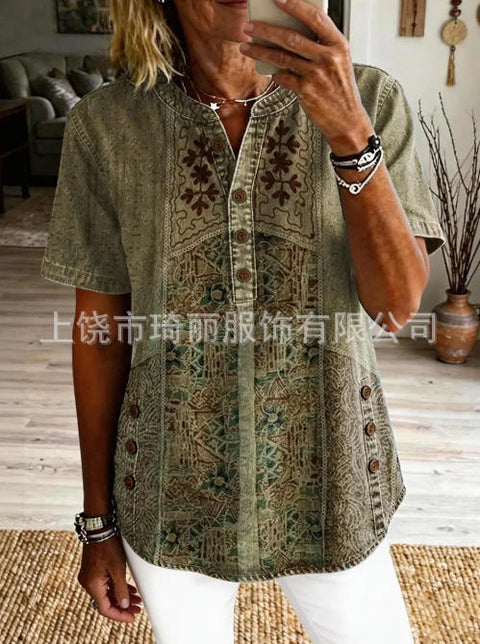 Women's Floral Print V-Neck Casual Women's Short Sleeve Top FF303332