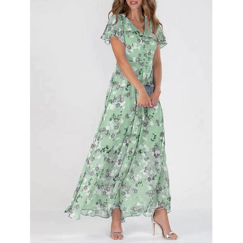 Beach pendulum long dress chiffon floral short-sleeved ruffle V-neck fashion waist dress m301342