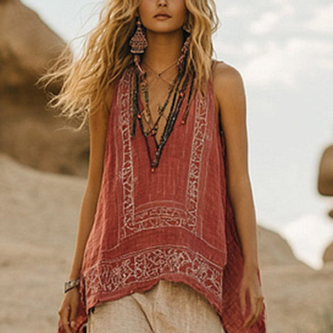 Plant flower print V-neck ethnic tribal vest top m301533