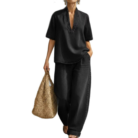 Casual retro denim V-neck short-sleeved trousers set m302511