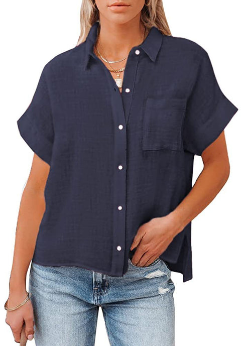 New cotton and linen short-sleeved casual side slit pocket shirt m300983