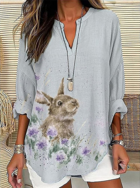 Loose 3D Printed V-Neck Shirt Long Sleeve T-Shirt m301360