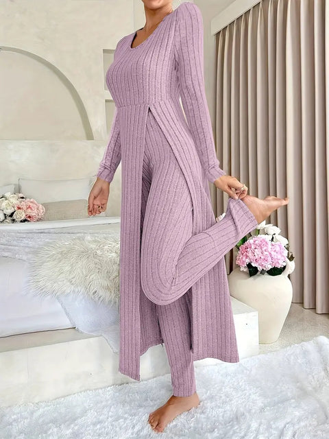 New design round neck split fork long sleeve two-piece set spring m302328