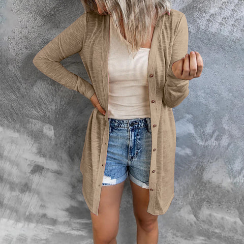 Long button solid color casual long sleeved cardigan women's m300020