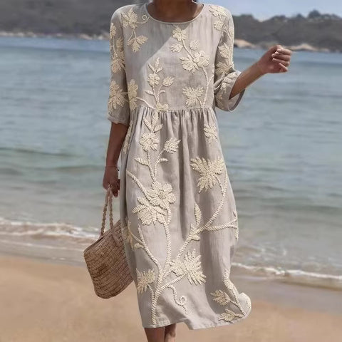 Women's medium and long sleeves side bag crew neck dress seaside vacation loose dress m302606