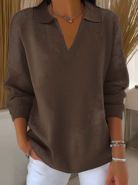 Digital printing women's lapel neck long-sleeved solid color knitted fleece sweater m302076