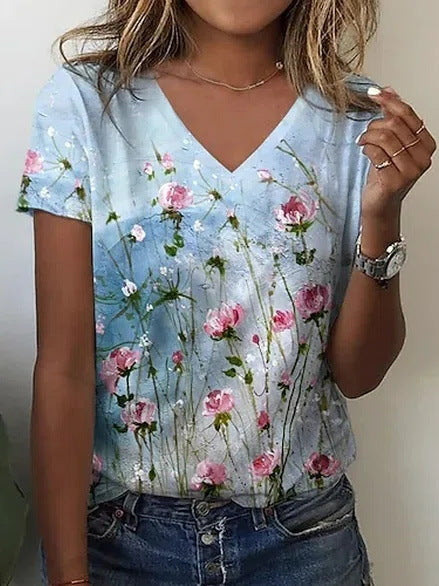 V-neck top 3D rose morning glory T-shirt m303194