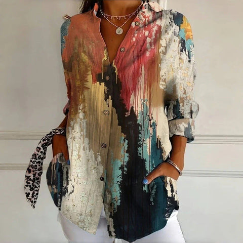 Women's long-sleeved printed top lapel shirt m301227