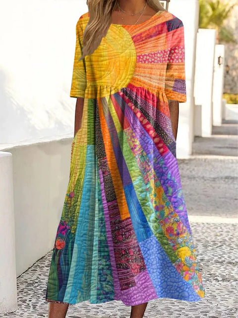 Summer new mid-waist women's casual round neck printed pendulum women's dress m301303