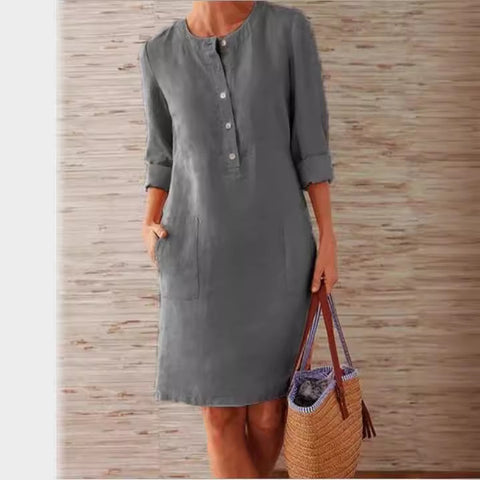 Cotton and linen round neck long sleeved dress m300061