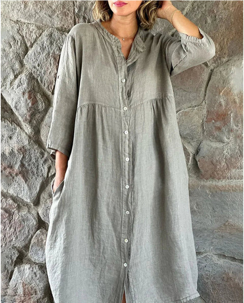 Cotton and linen solid color casual stand-up collar button long dress m301322