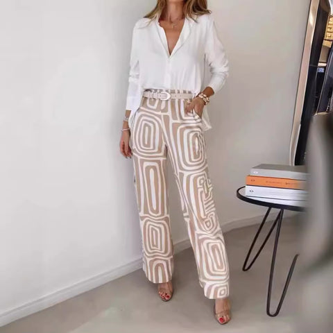 Casual suit women's high-end digital printing commuter shirt loose trousers two-piece set m301306
