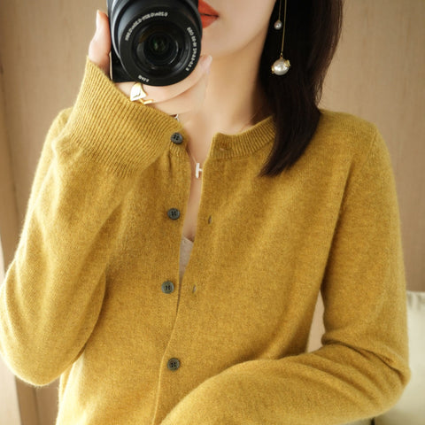 Knitted cardigan early spring crew neck sweater women's long-sleeved solid color versatile jacket women's m301748