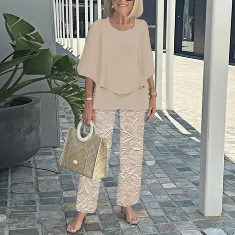 Casual round neck medium sleeve top printed flower pants set two-piece set m301465