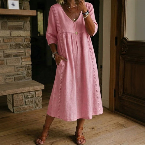 Loose v-neck splicing lace edge solid color medium sleeve dress m302991