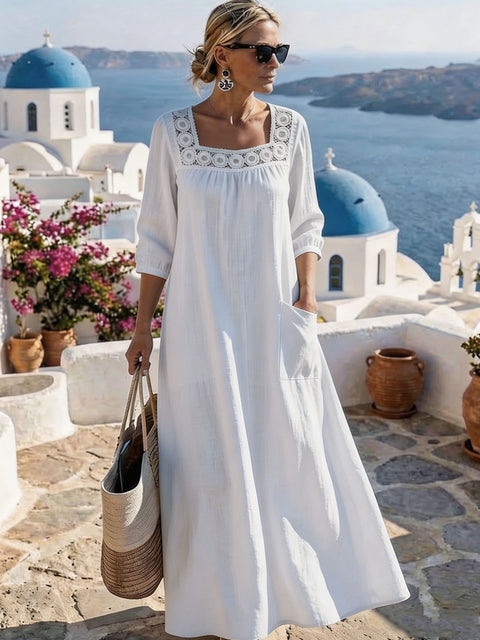 Casual square collar 7-point sleeve washed cotton solid color women's dress m303165