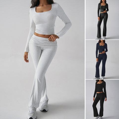 Solid color casual knitted long-sleeved top yoga suit two-piece pants set m301815