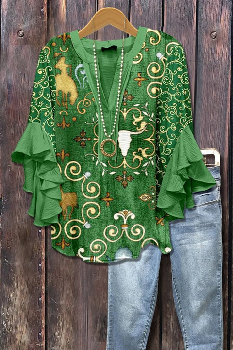 Creative floral element printing digital printing casual trend V-neck lotus edge T-shirt women's top m301778