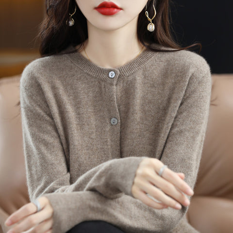 Knitted cardigan early spring crew neck sweater women's long-sleeved solid color versatile jacket women's m301748