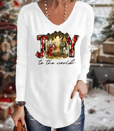 Loose 3D V-neck long-sleeved T-shirt women's Christmas printed bottoming shirt m302098