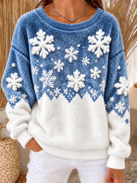 Snowflake print crew neck long-sleeved casual pullover flannel sweater FF303422