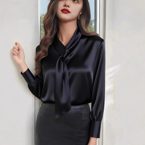 Autumn solid color fashion design sense streamer long sleeve shirt women's m302360