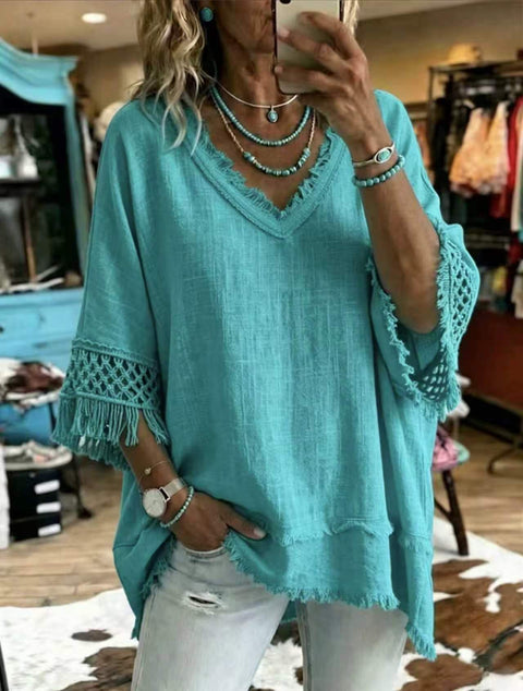 Loose V-neck fringed versatile top m303223