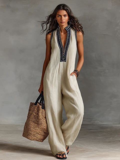 women's simple linen-blend sleeveless jumpsuit  m303249