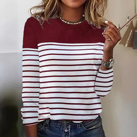 Long Sleeve Striped Two-Color Printed Splicing Crew Neck Top T-Shirt m300892