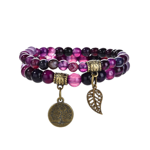 Tree of Life Leaf Pendant Set Bracelet Colorful Tiger Eye Amethyst Agate Bracelet m3331289