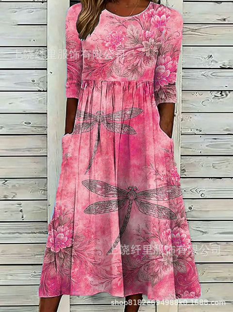 3D printed crew neck floral art holiday dress m303038