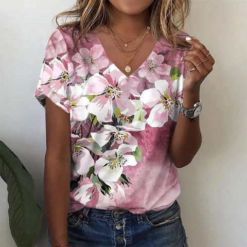 Faux cotton short-sleeve V-neck printed women's wear m303193