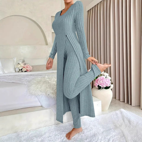 New design round neck split fork long sleeve two-piece set spring m302328