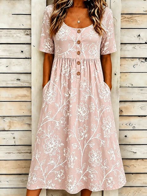 Casual round neck pullover short sleeve printed pleated waist pendulum skirt m303081