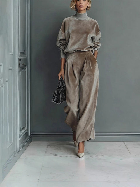 Casual two-piece suit golden velvet long-sleeved solid color high-necked wide-leg pants m302327