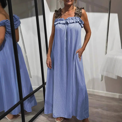 Popular vacation women's casual suspender splicing leopard print pocket cotton and linen dress m302050