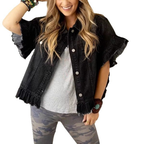 Women's denim short-sleeved ruffled fringed hem denim top m303100