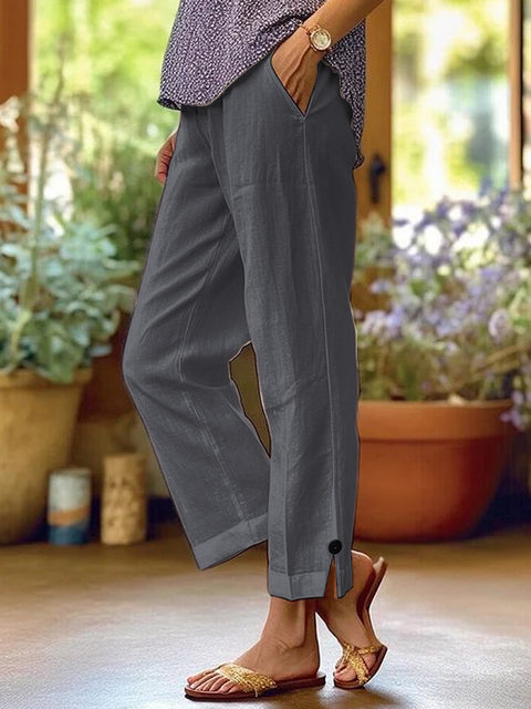 Women's cotton and linen loose solid color elastic waist pocket straight casual pants m301424