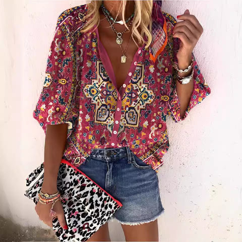 Fashion summer European and American women's clothing stand-up collar loose button retro printed casual shirt m301723