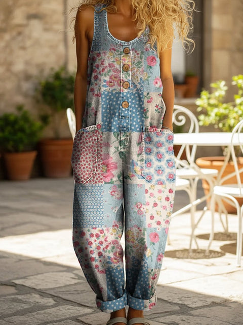 Retro trend wide-leg pants overalls women's sleeveless imitation denim m302436