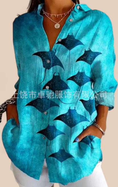 Linglong hemp long shirt women's long-sleeved shirt printing pattern m303195