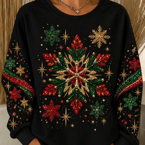 Snowflake print crew neck long-sleeved casual pullover sweater FF303508