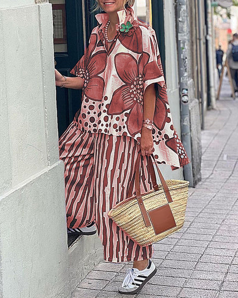 Women's lapel loose geometric printing casual suit m301238