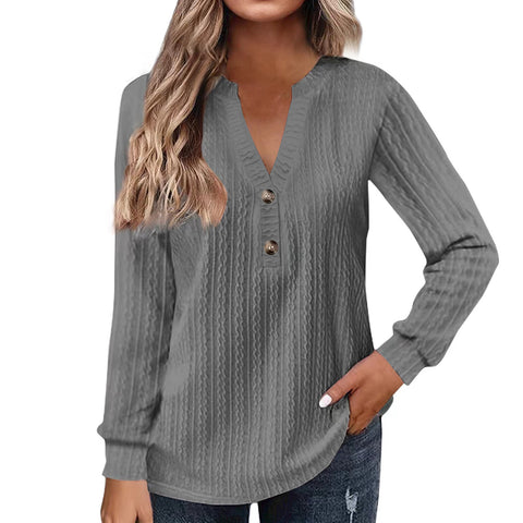 New long-sleeved solid color V-neck button-down T-shirt top m302223