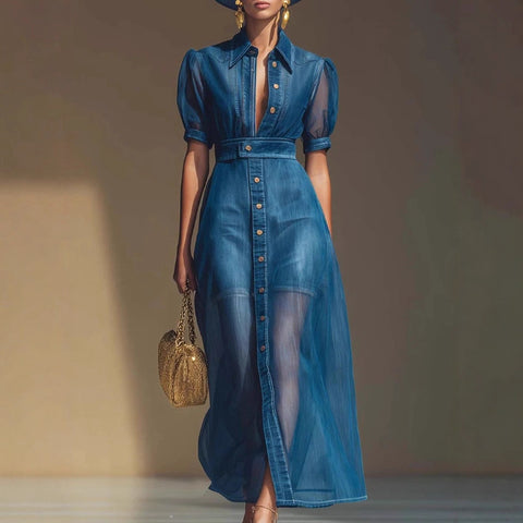 V-neck short-sleeved jacket organza blue imitation denim dress m303247